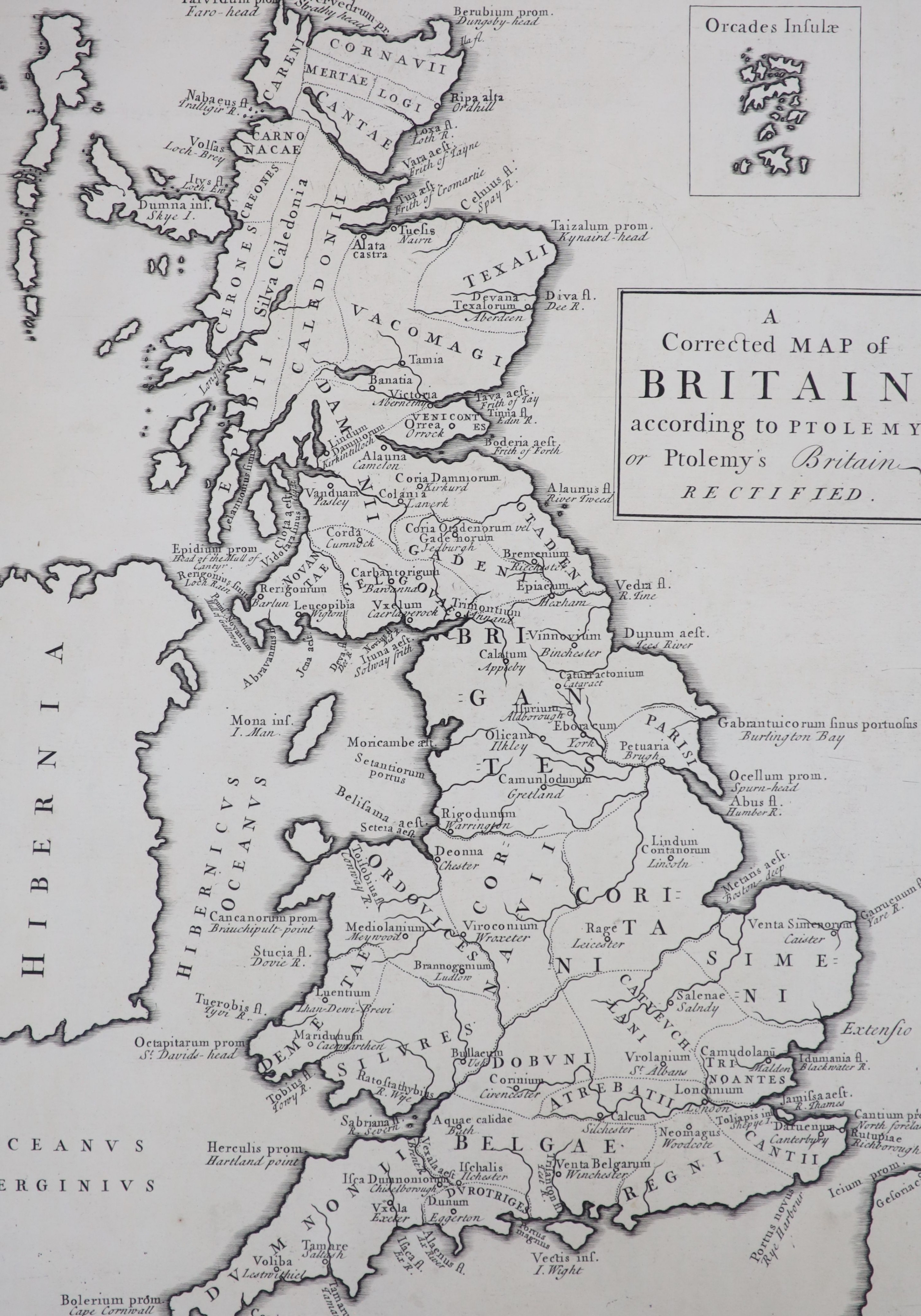 An uncoloured engraved Map of Britain according Ptolemy, 36 x 27cm.